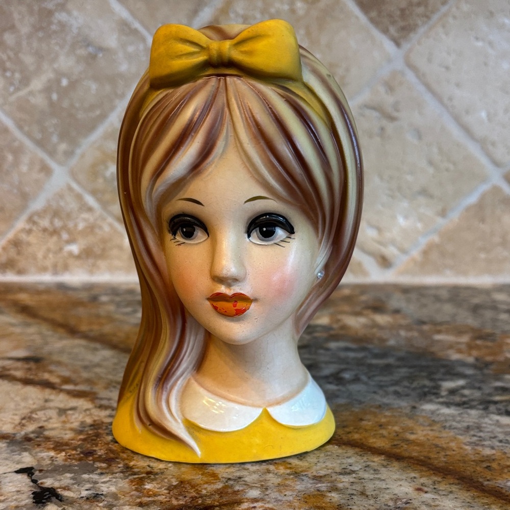 Napco C8493 Vintage Young Lady Head Vase with Yellow Dress and Bow